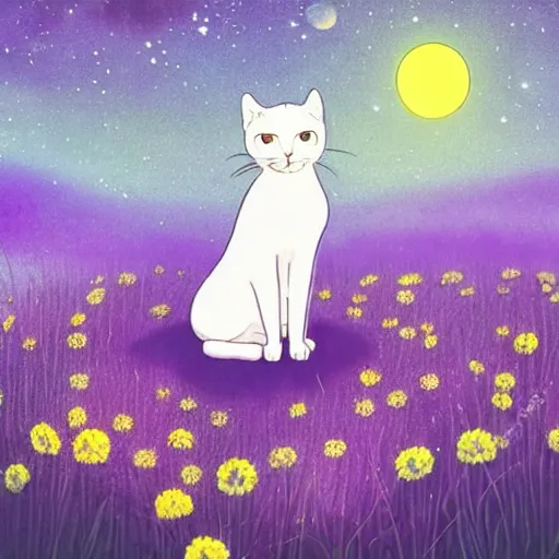 Image similar to little white cat sitting in a purple-colored extraterrestial garden at night. Green fireflies between the flowers. A large planet clearly visible in the sky. Style of Hayao Miyazaki. Cool colors. Soft moonlight.