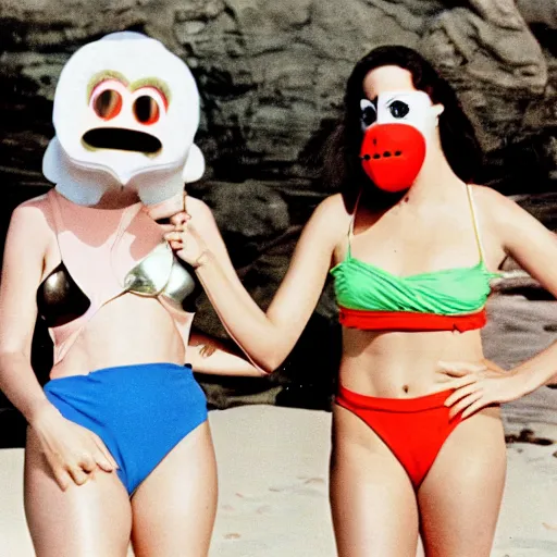 Image similar to 1979 twin women on tv show wearing an inflatable mask long prosthetic snout nose with googly eyes, soft color wearing a swimsuit at the beach 1979 color film 16mm holding a hand puppet Fellini John Waters Russ Meyer Doris Wishman old photo