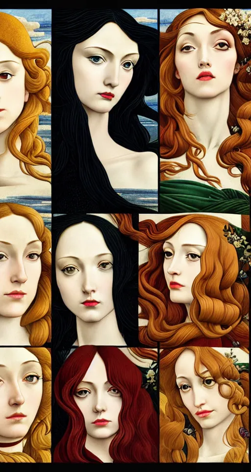 Image similar to the 12 months of the year as figures, (3 are Winter, 3 are Spring, 3 are Summer and 3 are Autumn), in a mixed style of Botticelli and Æon Flux, inspired by pre-raphaelite paintings and shoujo manga, hyper detailed, stunning inking lines, flat colors, 4K photorealistic