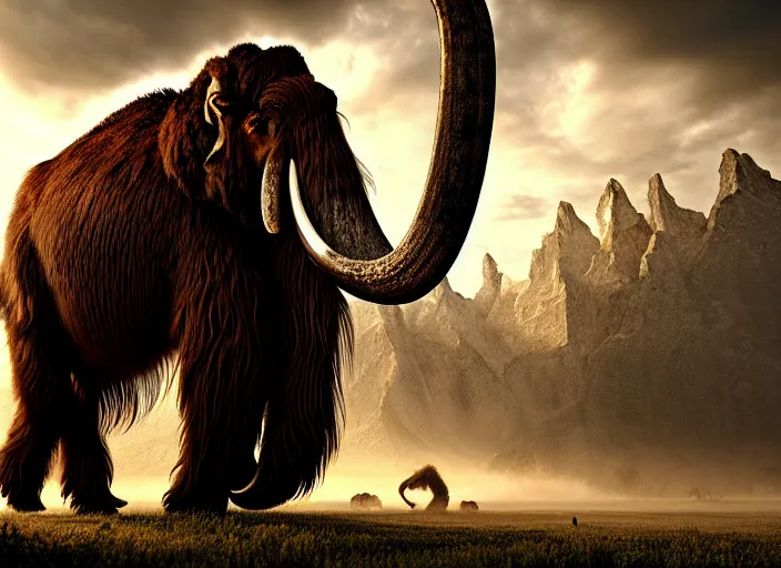 Image similar to hyperrealism, detailed textures, photorealistic, 3 d render, a surreal mystical wooly mammoth grazing, ultra realistic cinematic, intricate, cinematic light, concept art, illustration, art station, unreal engine