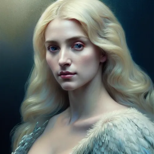 Image similar to portrait painting of a beautiful blonde woman with a kind face wearing a feathered cloak and a fancy silk white dress, ultra realistic, concept art, intricate details, eerie, highly detailed, photorealistic, octane render, 8 k, unreal engine. art by artgerm and greg rutkowski and charlie bowater and magali villeneuve and alphonse mucha