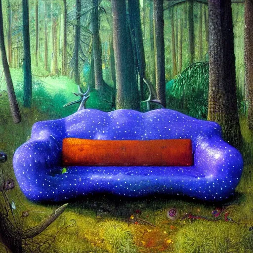 Image similar to psychedelic couch sofa in the lush pine forest, milky way, moose antlers, designed by arnold bocklin, jules bastien - lepage, tarsila do amaral, wayne barlowe and gustave baumann, cheval michael, trending on artstation, star, sharp focus, colorful refracted sparkles and lines, soft light, 8 k 4 k