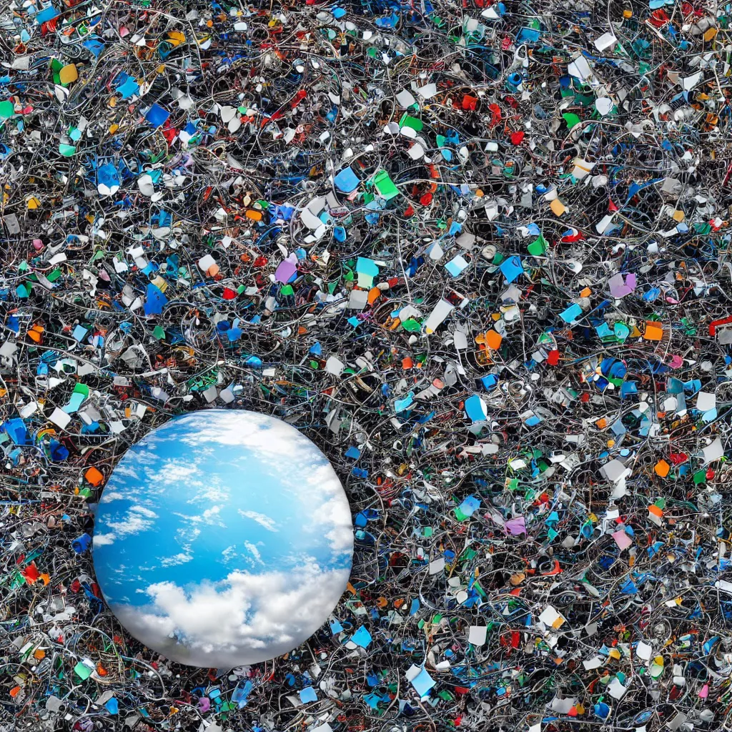 Image similar to little planet made of plastic and metal trash, floating in the cloudy sky, 3d rendering of photo realistic image, super detailed, 4K, cinematic look