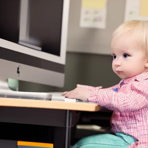 Prompt: a blonde toddler child infant baby girl working CAD computer drafting, civil engineer, sitting at a desk