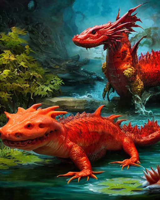 Image similar to game character beautiful giant huge kaiju sized pond dragon half fish half salamander, sea dragon, wet amphibious skin, red salamander, axolotl creature, koi pond, korean village by Ruan Jia and Gil Elvgren, fullbody