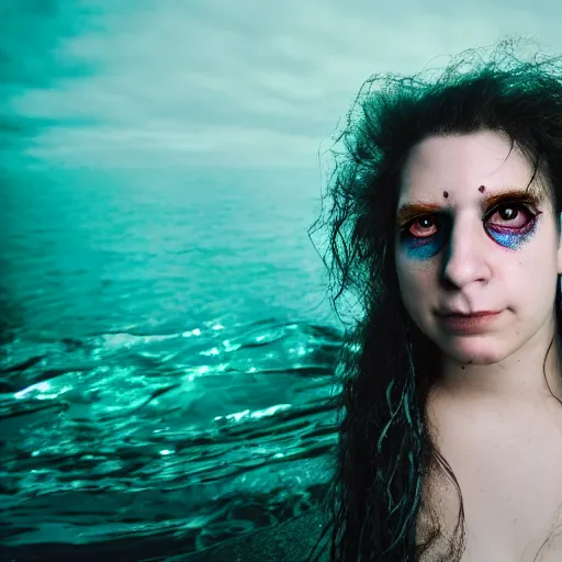 Image similar to Kevin Mitnick as a mermaid, grungy, unkept hair, glowing eyes, modelsociety, radiant skin, huge anime eyes, RTX on, perfect face, directed gaze, intricate, Sony a7R IV, symmetric balance, polarizing filter, Photolab, Lightroom, 4K, Dolby Vision, Photography Award