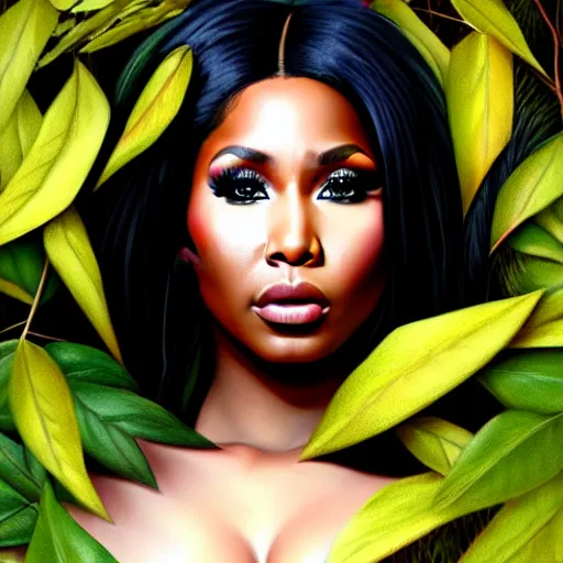 Prompt: nicki minaj clothed in leaves digital painting, photorealistic, in the style of greg rutkowski, full body, detailed face