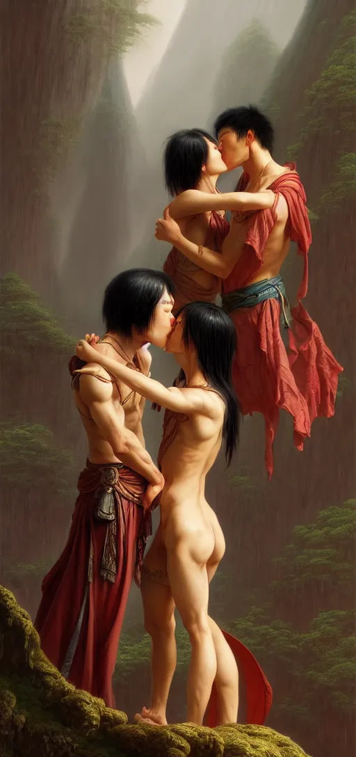 Prompt: young asian fit male and female, wearing clothes, kissing each other, by kyu yong eom thomas cole and wayne barlowe, 8 k, high detail, fantasy art, dnd, artstation,