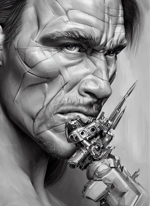 Image similar to symmetry!! arnold schwarzenegger, machine parts embedded into face, intricate, elegant, highly detailed, digital painting, artstation, concept art, smooth, sharp focus, illustration, art by artgerm and greg rutkowski and alphonse mucha, 8 k