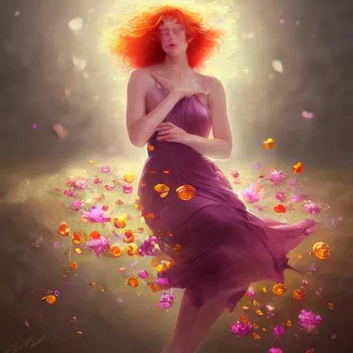 Prompt: Ginger woman in a swirling sundress of flowers, underwater, floral explosion, radiant light, vortex of plum petals, by WLOP and artgerm, artstation, deviantart