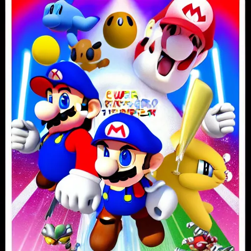 Image similar to super mario brothers and kirby super star ultra movie poster with pokemon super smash bros and princess peach star wars theme pokemon style detailed and accurate eyes