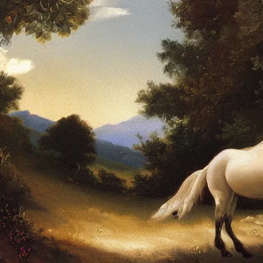 Prompt: white horse running on mountain trail, classic romantic period oil painting