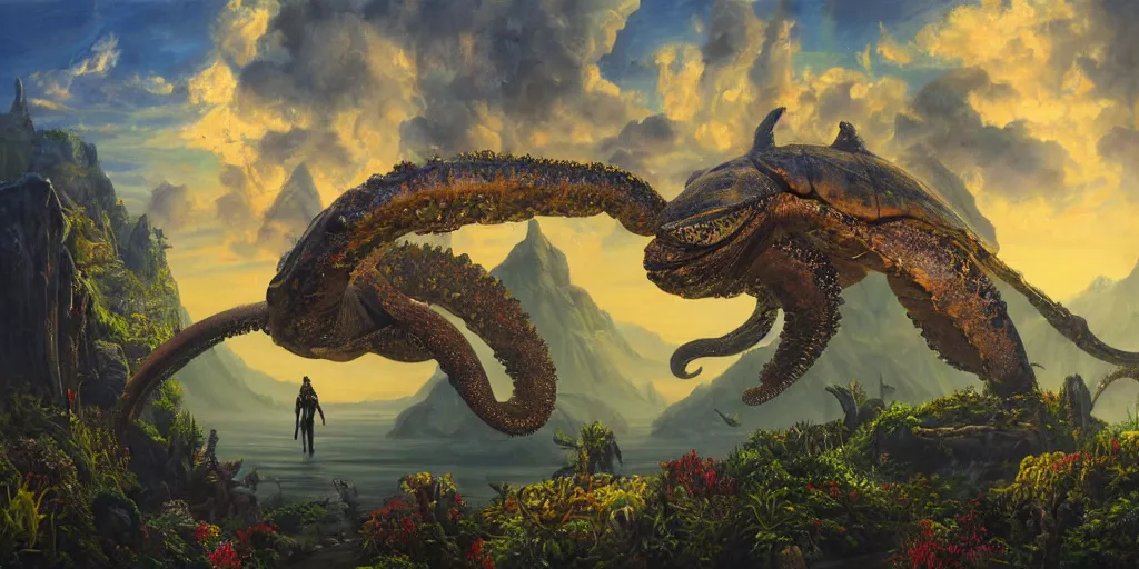 Image similar to fantasy oil painting, great leviathan, cybernetic turtle cephalopod terrapin reptilian pachyderm squid, bella hadid, hybrid, milla jovovich, anubis, epic natural light, lush plants flowers, spectacular mountains, bright clouds, luminous sky, outer worlds, golden hour, michael cheval, edward hopper, michael whelan, vray, hd