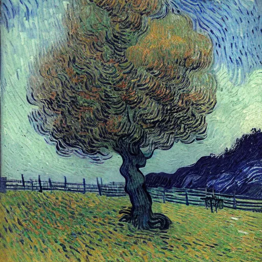 Image similar to This painting has such a feeling of peace and serenity. The tree is so still and calm, despite the wind blowing around it. The moonlight casts a soft glow over everything and the starts seem to be winking at you... by Van Gogh