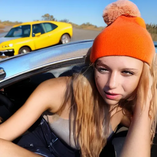 Prompt: girl lounging in a convertible car wearing an orange beanie and a sleeveless shirt, selfie, faint smile