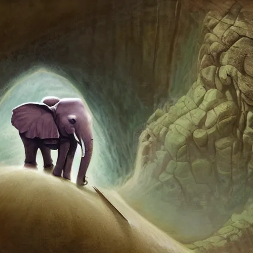 Image similar to purple elephant running stuck in a cave entrance because it is too small, close up camera angle, raining, mountain behind meadow, menacing, illustration, detailed, smooth, soft, cold, by Adolf Lachman, Shaun Tan, Surrealism