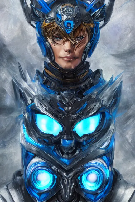 Image similar to concept art, anime portrait of a ninja cyborg warrior wearing an intricate azure wolf themed armor by Masamune Shirow, Stanley Artgerm Lau, WLOP, Rossdraws, James Jean, Andrei Riabovitchev, Marc Simonetti, and Sakimichan, trending on artstation