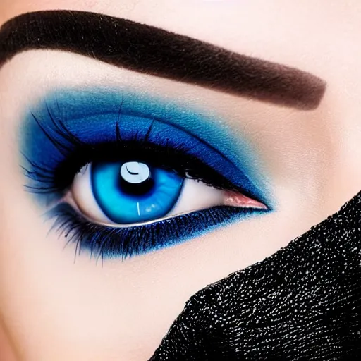 Image similar to raven haired seductive woman with stunning ocean blue eyes, black eyeshadow, long black eyelashes with a beautiful face, sharp thin nose, fair skin, soft skin, bare shoulders, luscious red lips