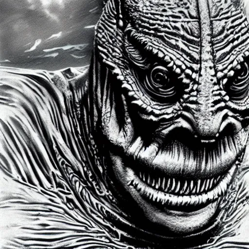 Image similar to highly detailed picture of gill - man from creature of the black lagoon, hyper realistic, sci - fi horror art, mega detailed, highly detailed