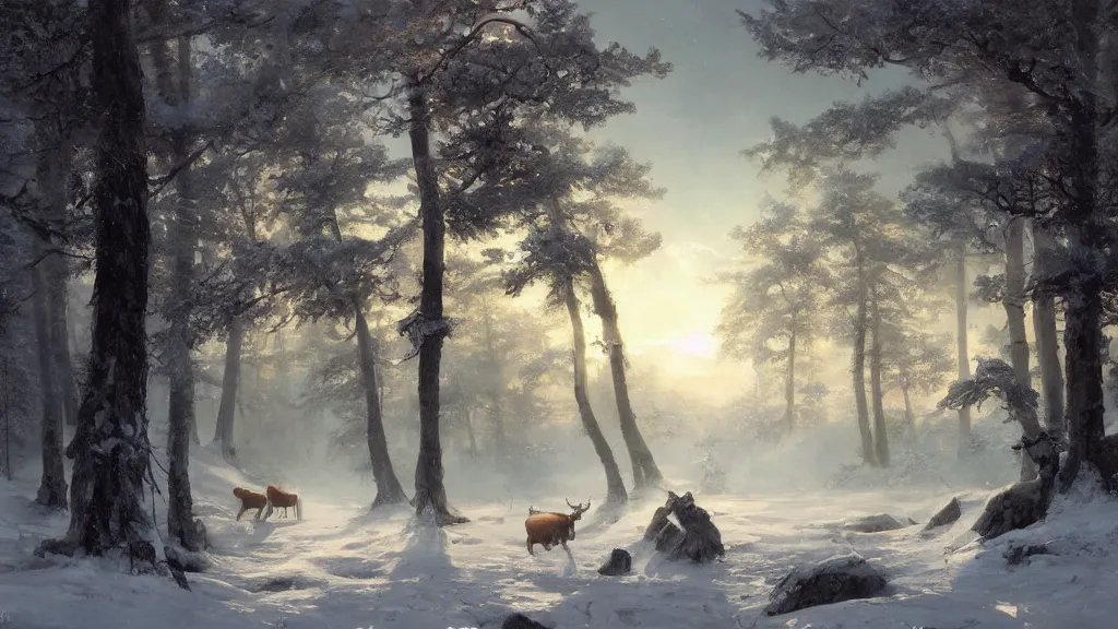 Prompt: the most beautiful panoramic landscape, oil painting, where a giant dreamy waterfall is frozen, the trees around have snow over their leafs, some majestic deers are in close - up and they are exhaling steam, the ray lights of the sunrise are brightening him, by greg rutkowski