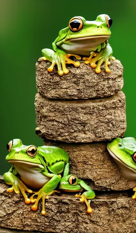 Prompt: a tower of frogs stacked on top of each other, HD nature photography, cute frog faces