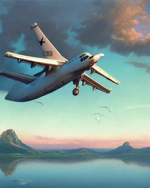 Prompt: a highly detailed epic cinematic concept art CG render digital painting artwork: Horizon Air Q400 Airplane flying over the lake into sunset, golden hour. By Greg Rutkowski, in the style of Francis Bacon and Syd Mead and Norman Rockwell and Beksinski, open ceiling, highly detailed, painted by Francis Bacon and Edward Hopper, painted by James Gilleard, surrealism, airbrush, Ilya Kuvshinov, WLOP, Stanley Artgerm, very coherent, triadic color scheme, art by Takato Yamamoto and James Jean