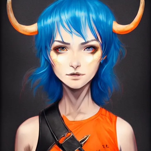 Image similar to illustrated realistic tilted head portrait human female prong-horned with blue bob hair and solid black-eyes wearing strap leather armor, orange glow, backlit by rossdraws