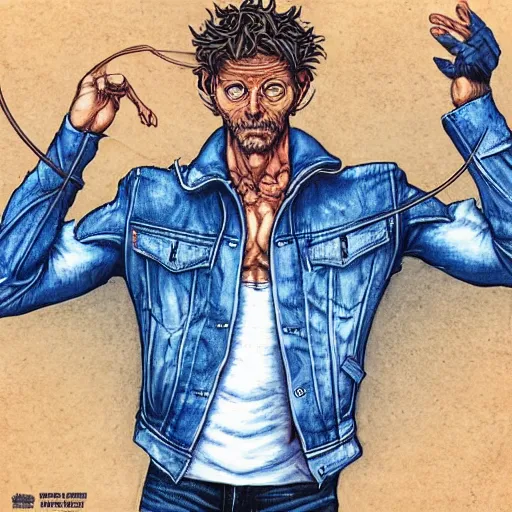 Image similar to ripped physique telekinesis man disguised as a mosquito whilst wearing a denim jacket leonardo da vinci jean sebastien rossbach jeff easley jen bartel staedtler