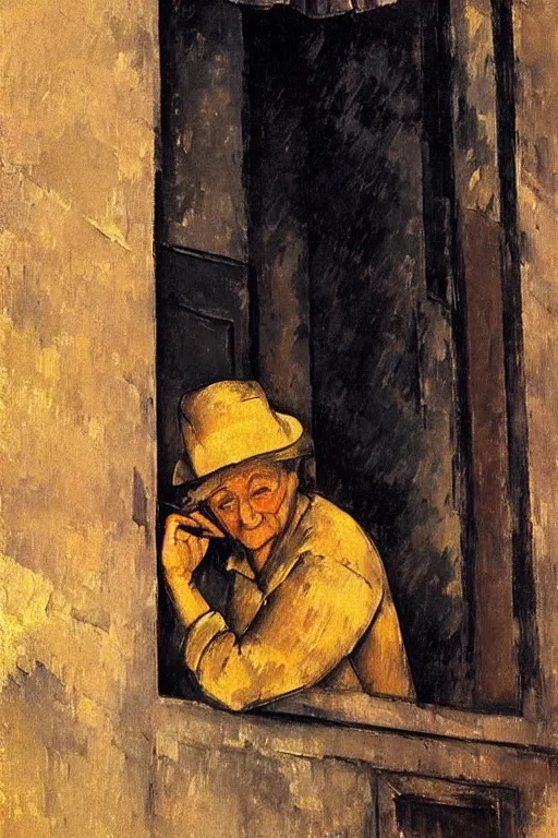 Image similar to an elderly and content italian woman leaning out of the window of an old building, smoking a cigarette, by paul cezanne, firenze, sunset, smooth, expressionist, gold, portrait