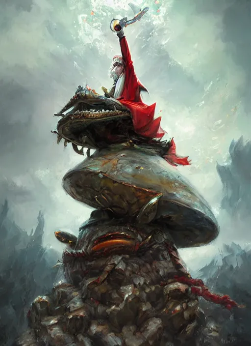 Image similar to a wondrous gnome wizard sitting atop a giant crab painted by raymond swanland