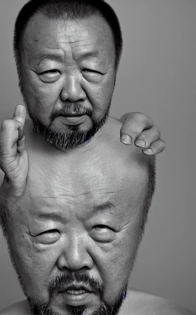 Image similar to Photography Portrait of Ai Wei wei looking angry into the camera showing his middle finger, blue soft light, 50 mm