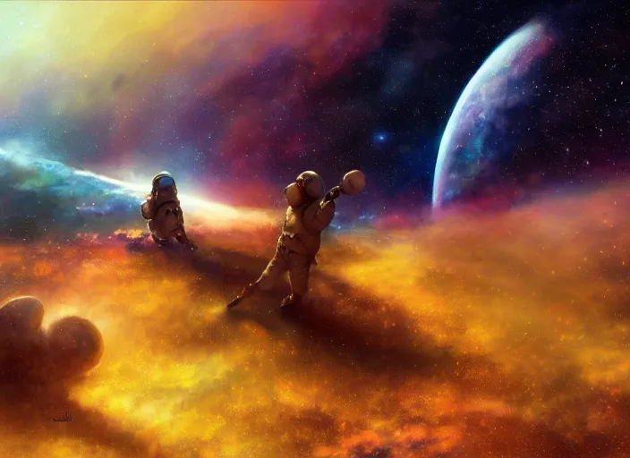 Prompt: craig mullins and ghibli digital illustration of an astronaut floating in the middle of the cosmos doing jazz improv, full body, strong contrast, earth, galaxies, ethereal, inviting, bright, raking light from constellations, unreal engine, hyper realism, realistic shading, cinematic composition, realistic render, octane render, detailed textures, photorealistic, wide shot