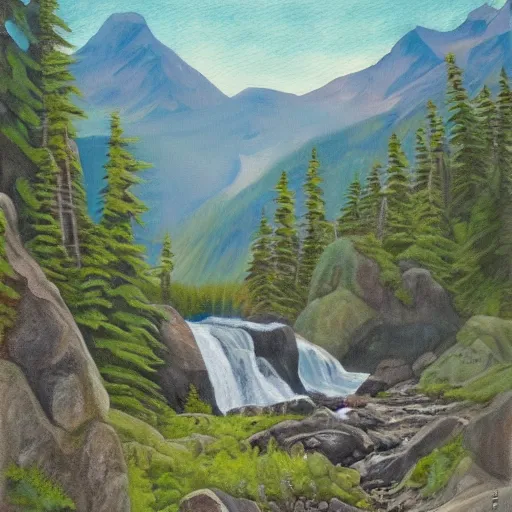 Image similar to portrait of tardigrade at Brooks Falls in Alaska, landscape painting by Moran and George Caitlin