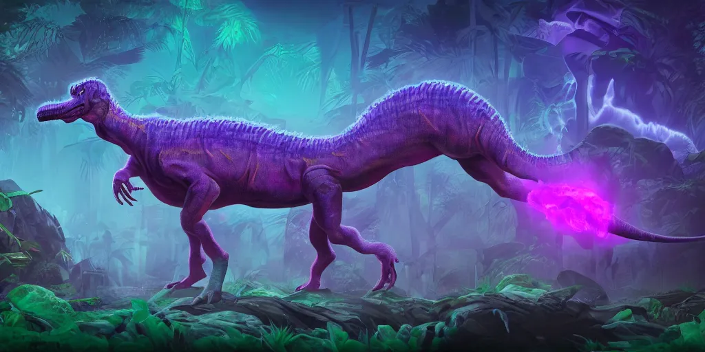 Image similar to spectral purple neon ghost dinosaur, green jungle background, detailed, ultrawide landscape, concept art