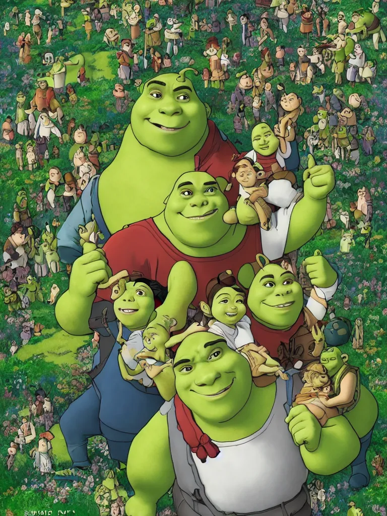 Image similar to shrek movie poster in the style of studio ghibli hayao miyazaki hd illustration