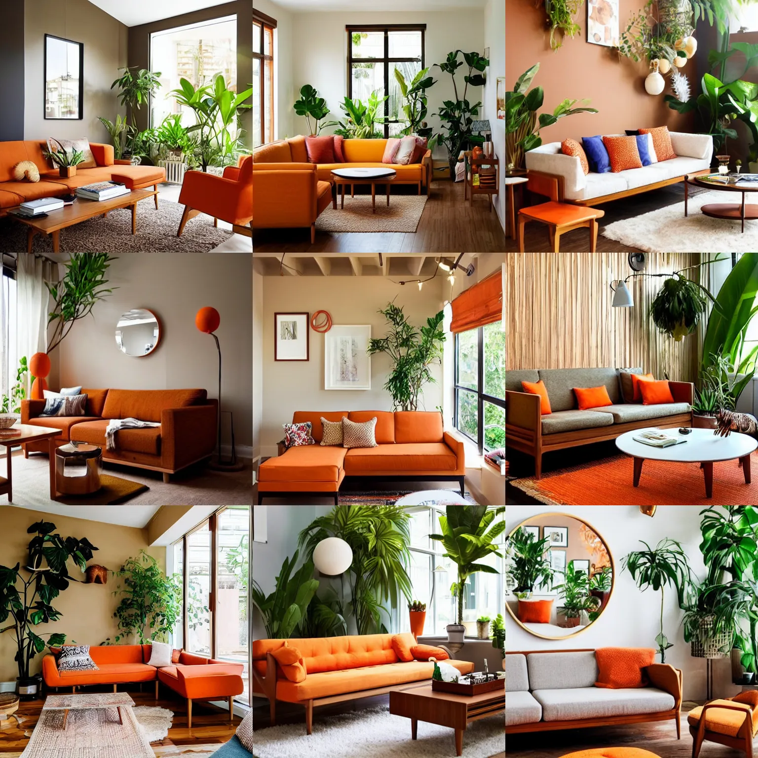 Prompt: living room interior design, sand - colored walls, teak table, orange sofa, japandi, ikea, sunny, warm wood, urban jungle plants, large round mirror on the wall, light - brown wall, mid - century sofa