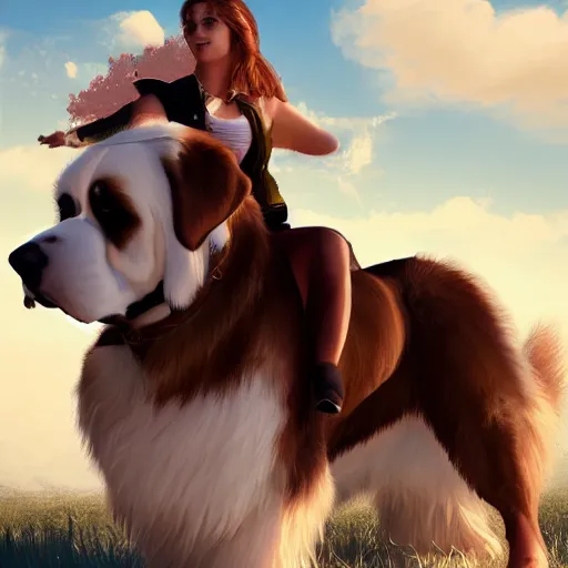 Image similar to girl riding a giant saint Bernard in the park, trending on artstation