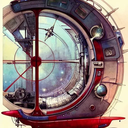 Image similar to ( ( ( ( ( 1 9 5 0 s retro future intricate machine spaceship large window. muted colors. ) ) ) ) ) by jean baptiste monge!!!!!!!!!!!!!!!!!!!!!!!!! chrome red