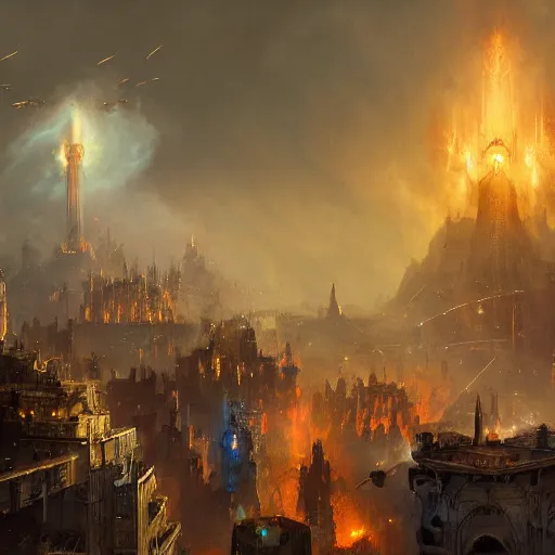 Prompt: ! dream big bright city of minas tirith under the attack, drone shot, fire and smoke, war, 8 k concept art, digital painting, realistic, cinematic lighting, raymond swanland, peter mohrbacher
