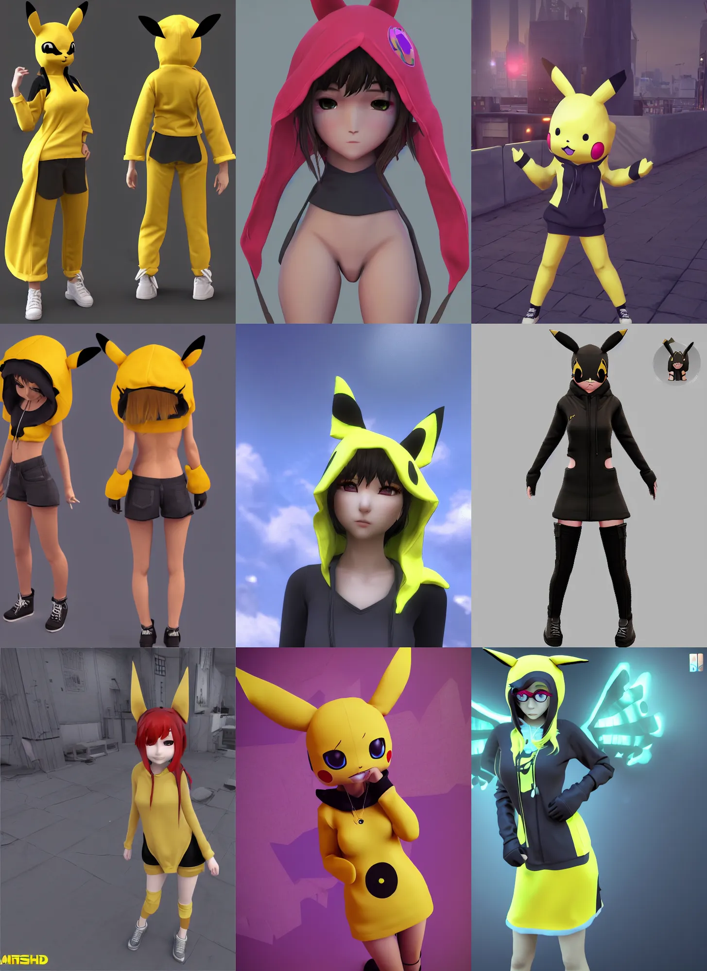 Prompt: vrchat, secondlife, imvu, 3 d model of a girl in a pikachu hoodie, hq render, detailed textures, artstationhd, booth. pm, highly detailed attributes and atmosphere, dim volumetric cinematic lighting, hd, unity unreal engine