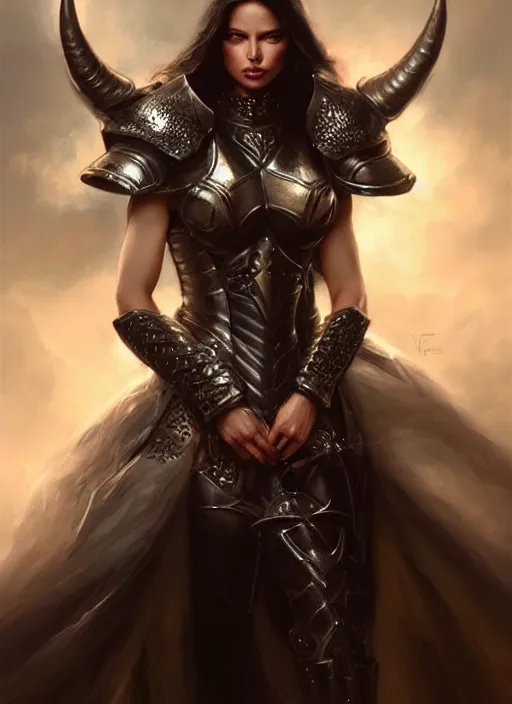 Prompt: a beautiful woman with horns and armor, victorian armor, adriana lima, painted by artgerm and tom bagshaw, fantasy art, dramatic lighting, highly detailed oil painting, volumetric lighting