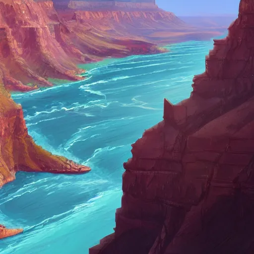 Image similar to concept art painting of a grand canyon with huge ocean inside, giant river, with unfinished bridge under construction, realistic, detailed, cel shaded, in the style of makoto shinkai and greg rutkowski and james gurney