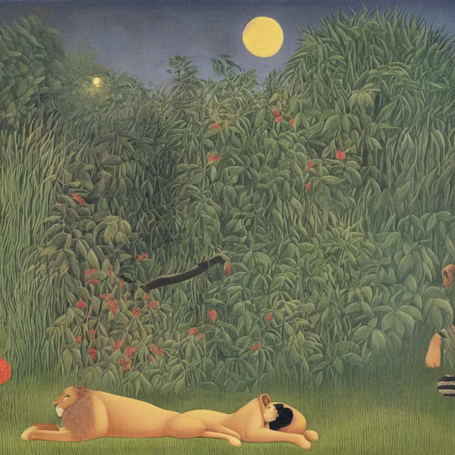 Prompt: in the style of henri rousseau, a lion standing behind a sleeping man dressed in a stripe rope. In the background is a mountain range. It is night and a full moon can be see on the right hand side. a Mandolin is laying in front of the sleeping man