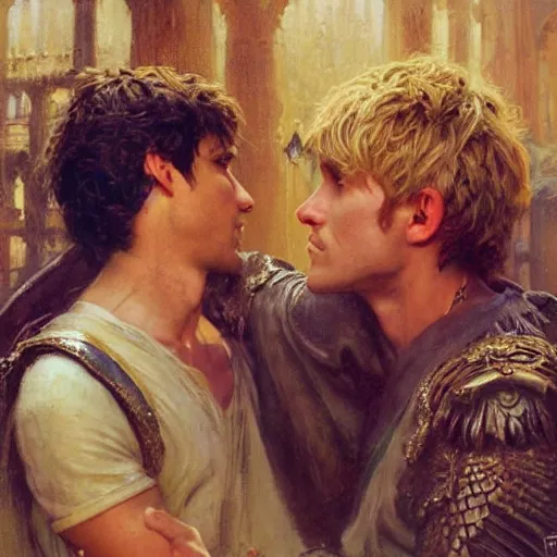 Image similar to attractive arthur pendragon confesses his love to attractive male merlin. highly detailed painting by gaston bussiere, craig mullins, j. c. leyendecker 8 k