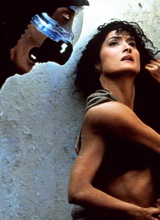 Image similar to film still of Salma Hayek being held against a wall by a predator in the movie Alien.