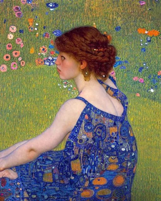 Image similar to a beautiful girl watching the sunset surrounded by colourful intricate patterns, by gustave klimt edgar maxence and caravaggio and michael whelan, intricate painting, hyper realistic, extremely detailed and beautiful aesthetic face, 8 k resolution