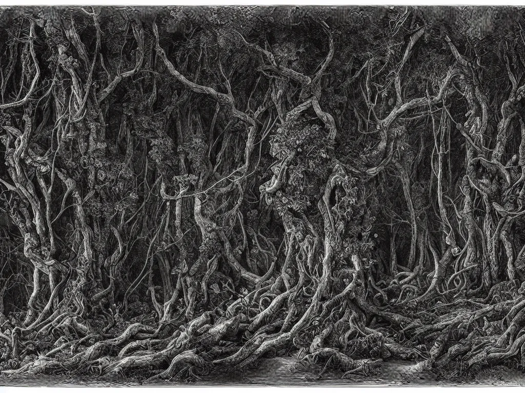 Prompt: an engraving of the interior of a tangled forest at night, wistman ’ s wood by gustave dore, john blanche, ian miller, highly detailed, strong shadows, depth, illuminated focal point