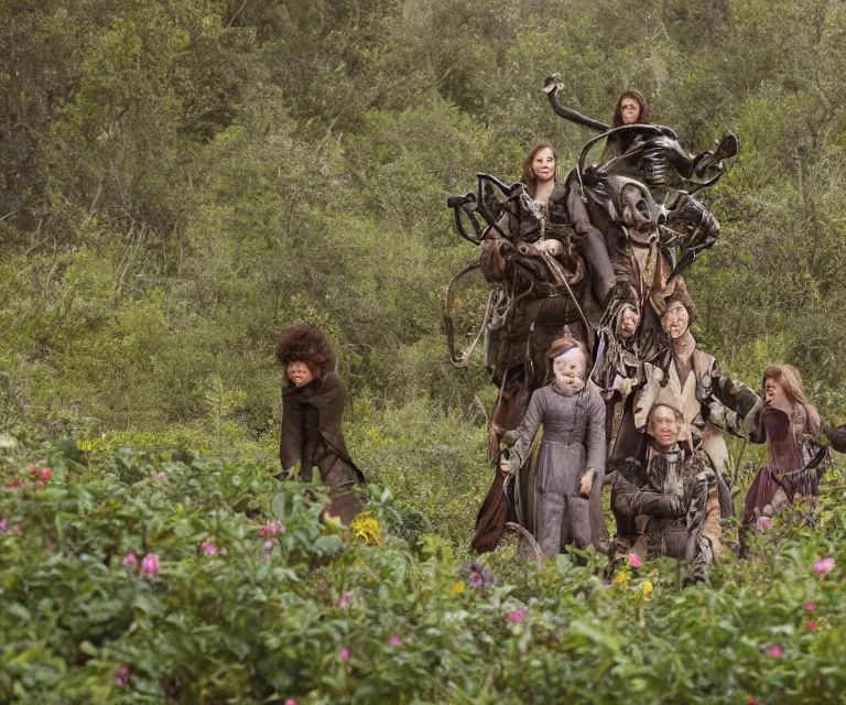 Prompt: 70mm still from a sci fi blockbuster movie made in 2022, set in 1860, of a family riding on the back of alien creatures, on an alien planet, across the alien landscape that is full of strange wild alien plants and flowers, family are wearing 1850s era clothes, good lighting, 8k, in focus faces, good quality photography