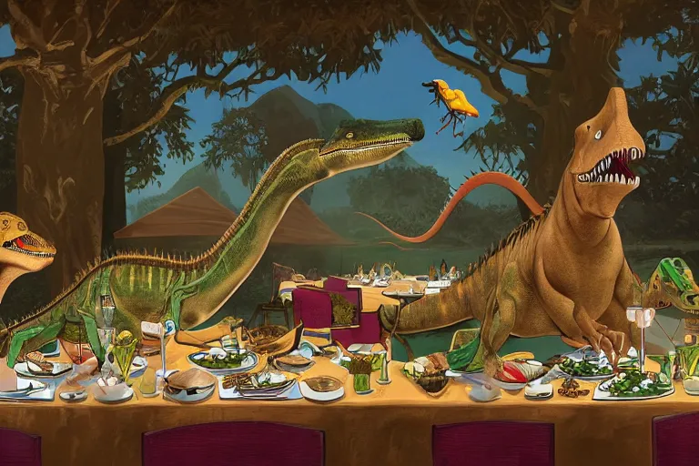 Prompt: a high quality highly detailed illustration of a dinosaur at a fancy dinner by mark teague, digital art, award winning childrens book