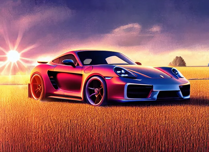 Prompt: cinematic fast sportscar that has front of porsche and back of lada in a lush field, shiny, oil on canvas, beautiful lighting, photorealistic, sharp, sunset, by scott robertson